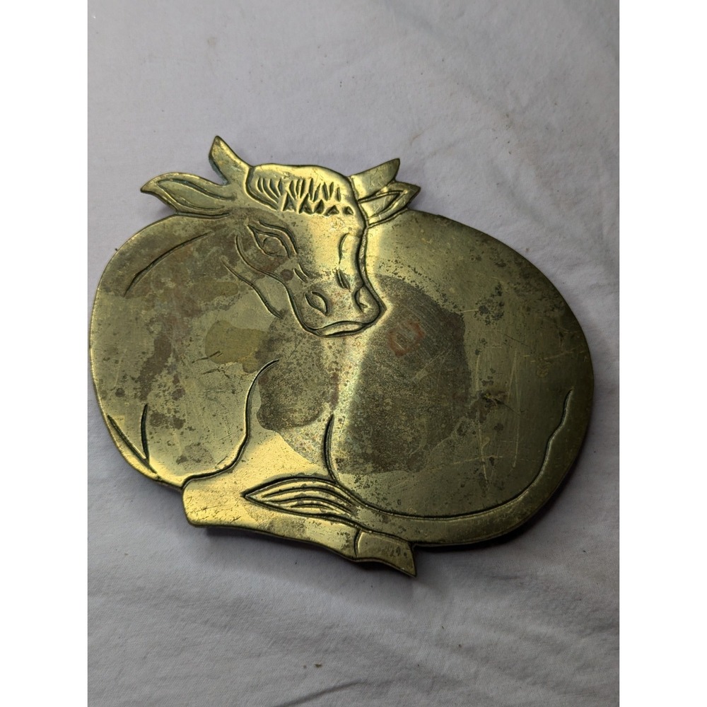 Cow laying down BRASS trivet hot plate holder 5" x 6.75" vintageโ